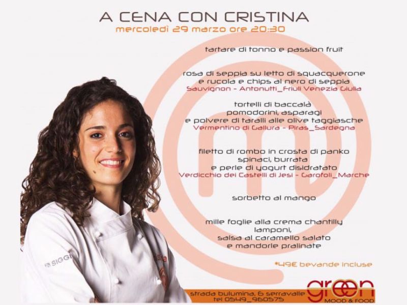 Da Masterchef al Green Mood&Food di San Marino: a cena con Cristina Nicolini