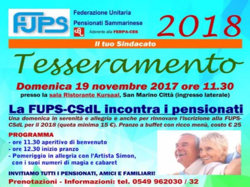 San Marino. Domenica 19 novembre la festa del tesseramento FUPS-CSdL