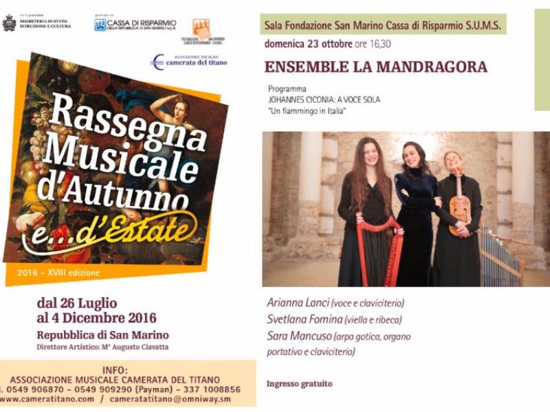 San Marino. L’ensemble “La Mandragora” apre la Rassegna Musicale d’autunno