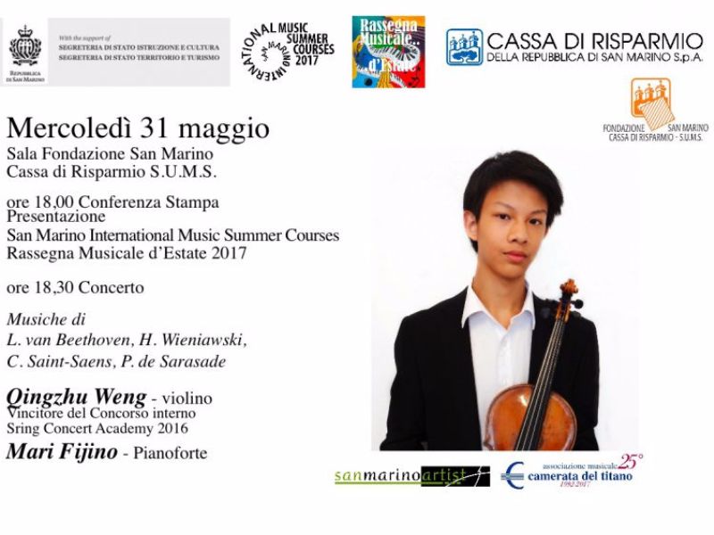 San Marino. Il giovane violinista Qingzhu Weng in concerto