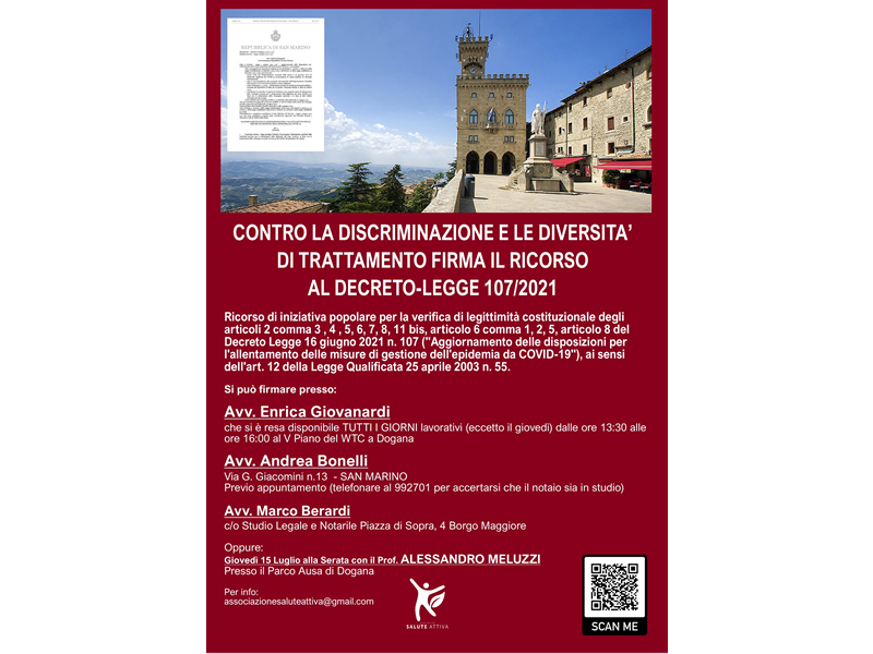 San Marino. Salute Attiva lancia l’eccezione di costituzionalità del Decreto-Legge 107 del 2021