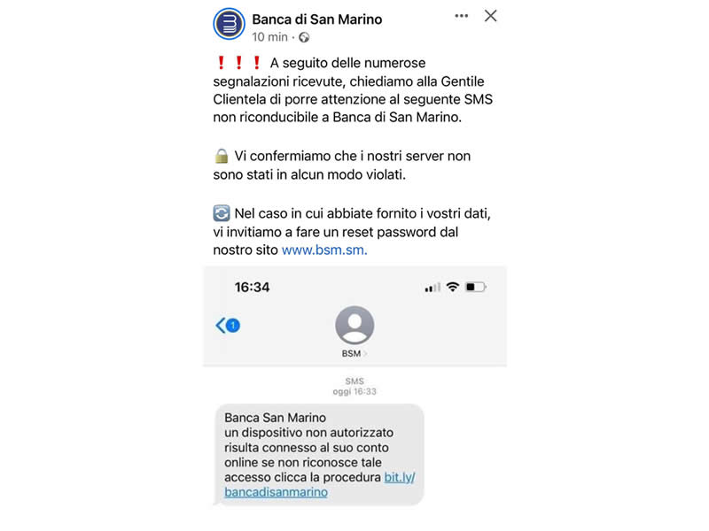 Banca di San Marino denuncia sms finti e allerta la propria clientela