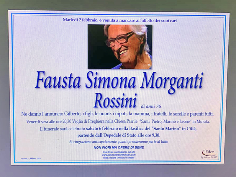 Questo sabato a San Marino l’ultimo saluto a Fausta Morganti
