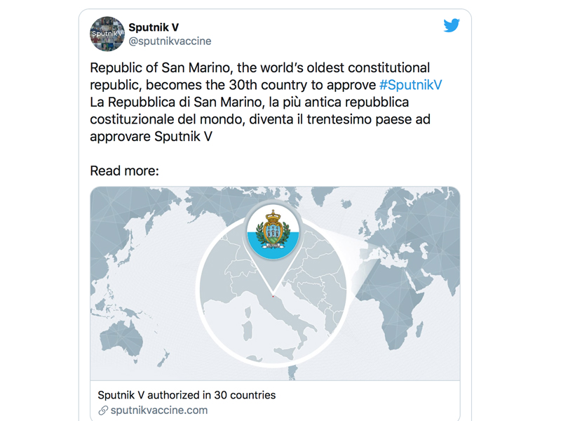 San Marino. “Vaccino Sputnik strumento chiave nella lotta al Coronavirus”