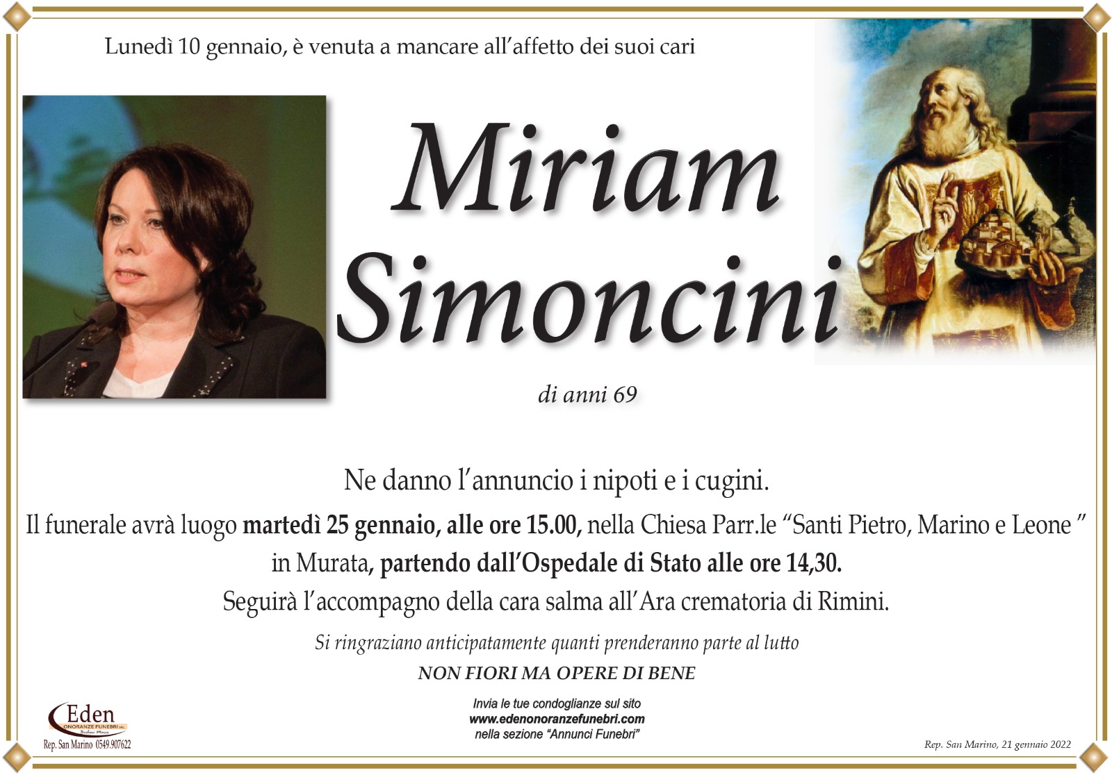 San Marino. Martedì 25 gennaio le esequie di Miriam Simoncini