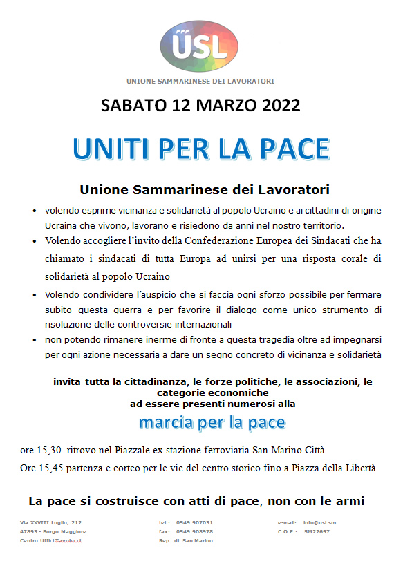 San Marino. Sabato in piazza per la pace con l’Unione Sammarinese dei Lavoratori