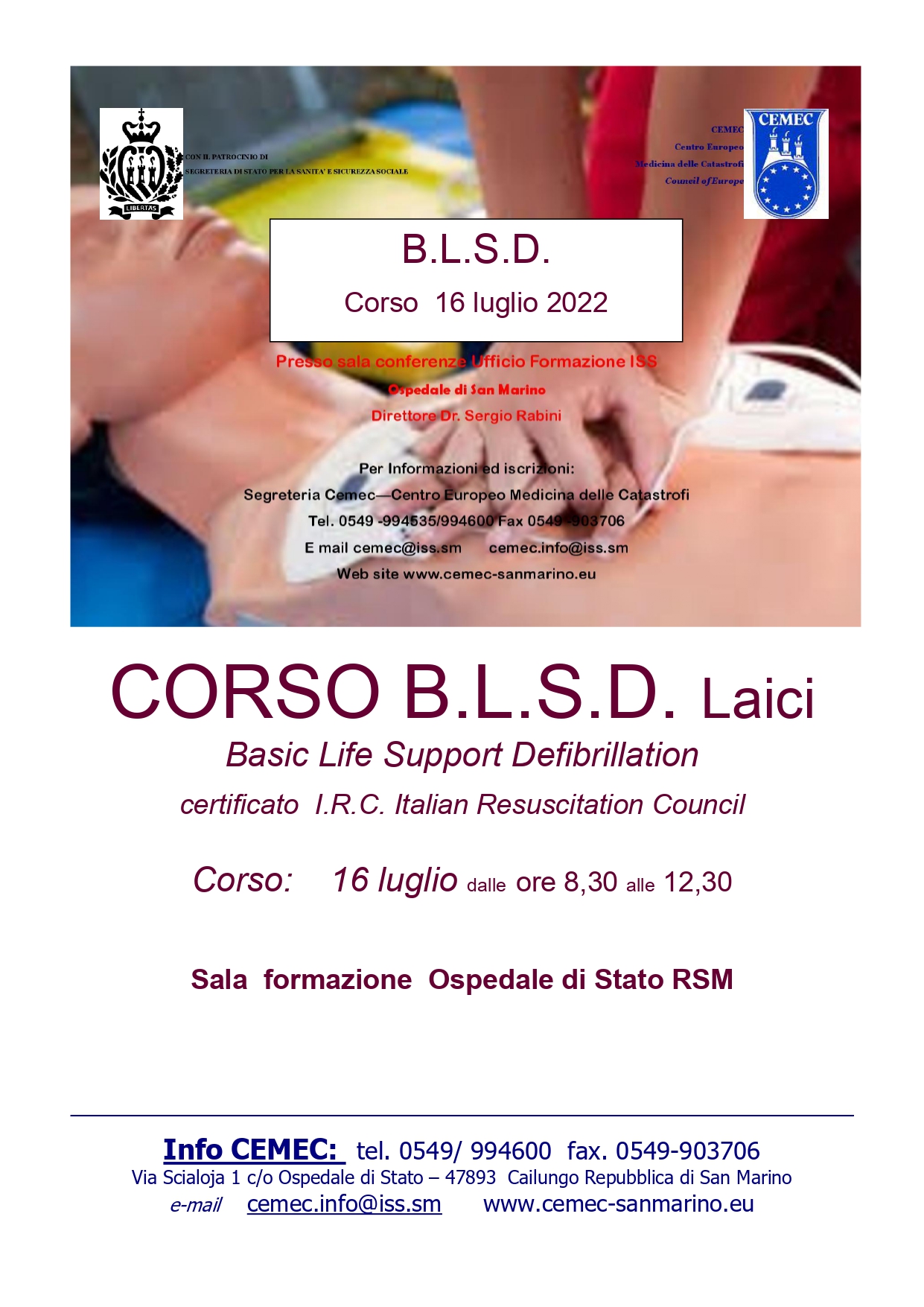 San Marino. Basic Life Support Defibrillation: il 16 luglio il corso organizzato dal CEMEC