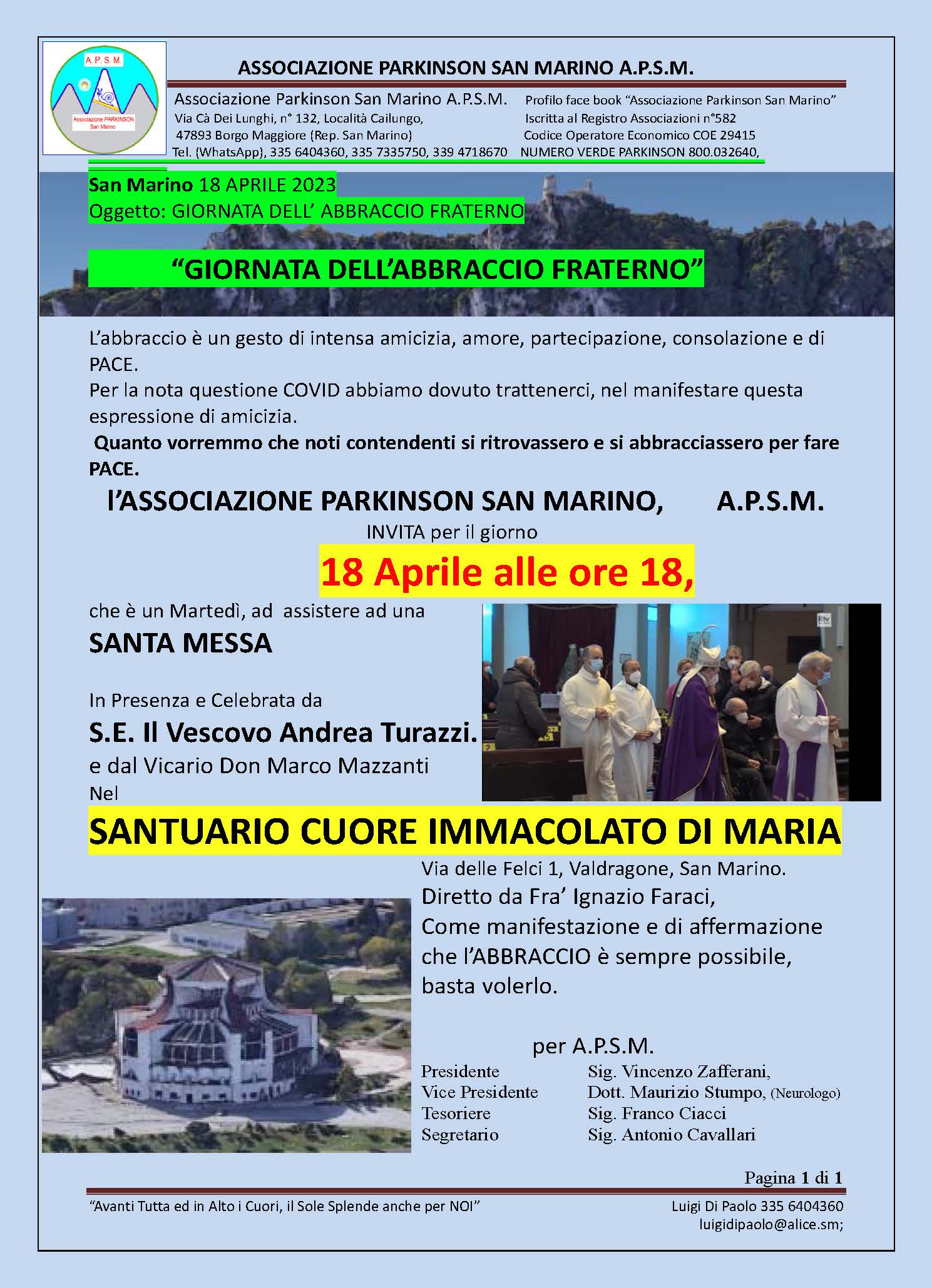 Domani la giornata dell’abbraccio fraterno promossa dall’associazione Parkinson San Marino