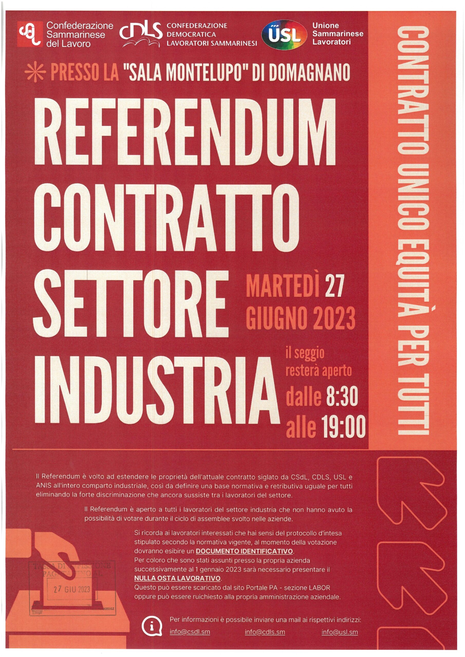 San Marino. Federazione Pubblico Impiego: “Referendum contratto industria ultimo atto: assemblea conclusiva martedì 27 giugno”
