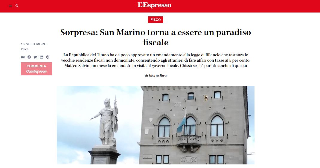 L’Espresso scrive di San Marino: “Torna a essere un paradiso fiscale”