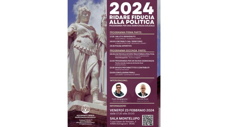 San Marino. Movimento DEMOS invita i cittadini alla serata “2024 Ridare fiducia alla politica”